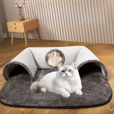 Two fluffy cats play with the KittyNook Cat Co. Interactive U-shaped Cat Tunnel, one inside and one on the soft mat.